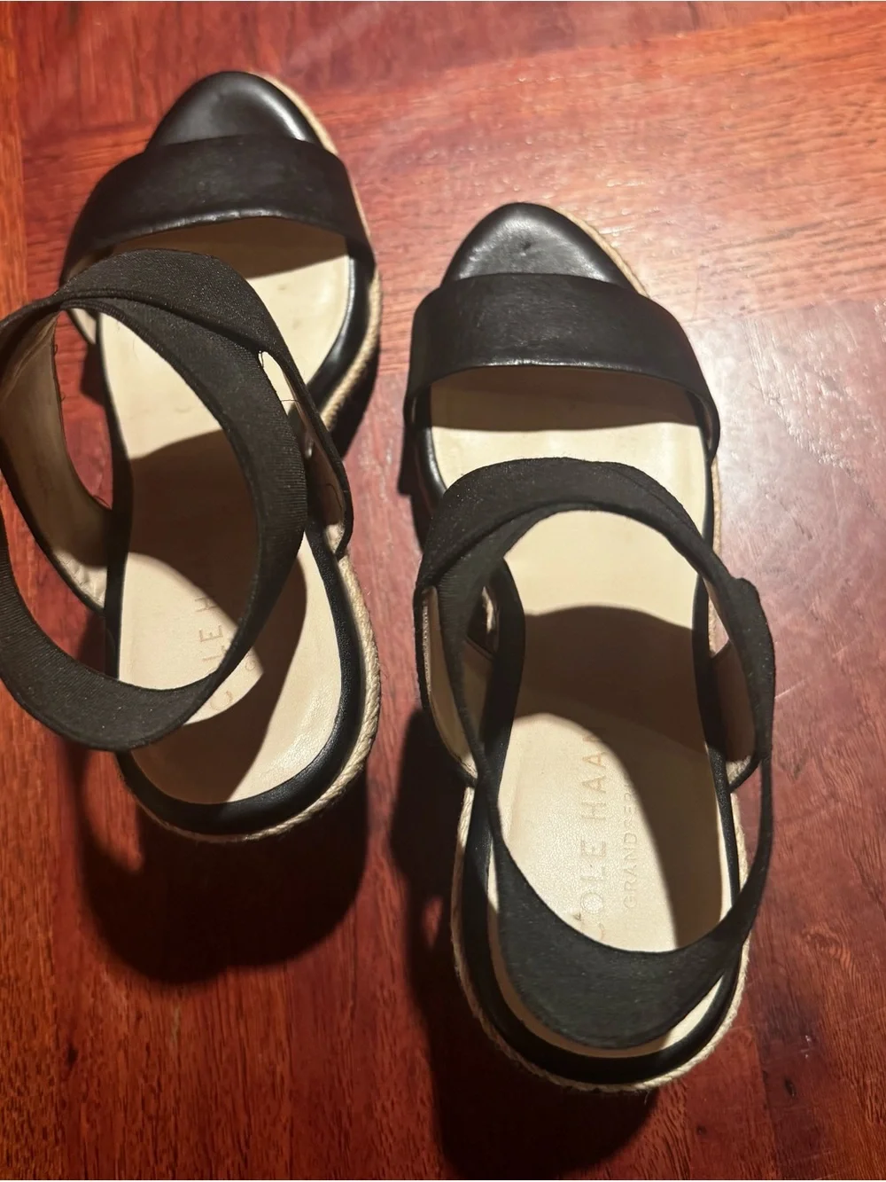 Cole Haan Black Espadrille Wedge Sandals with Natural Rope Details